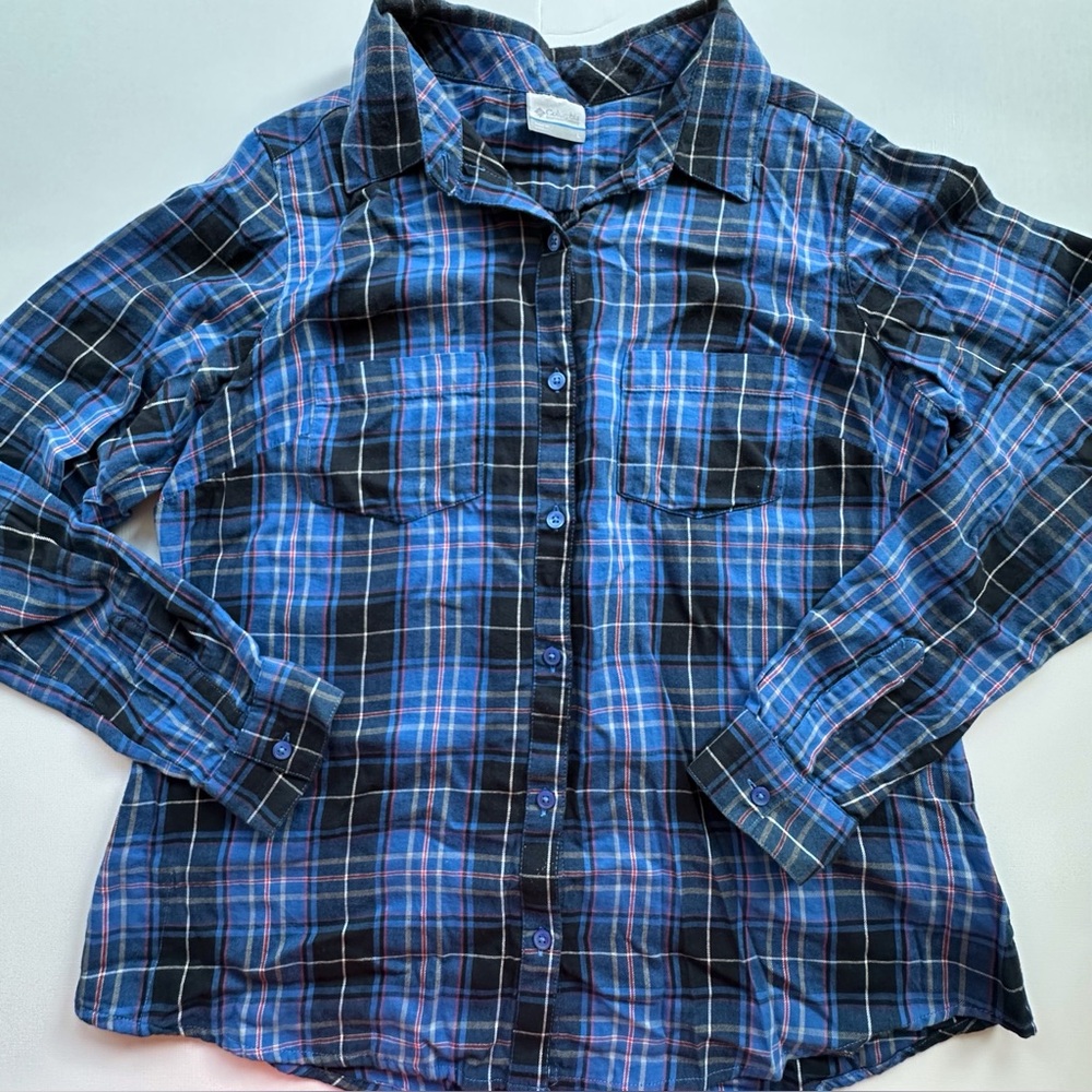 Columbia Long Sleeve Blue Plaid Flannel Button Down Shirt Soft Women’s Large